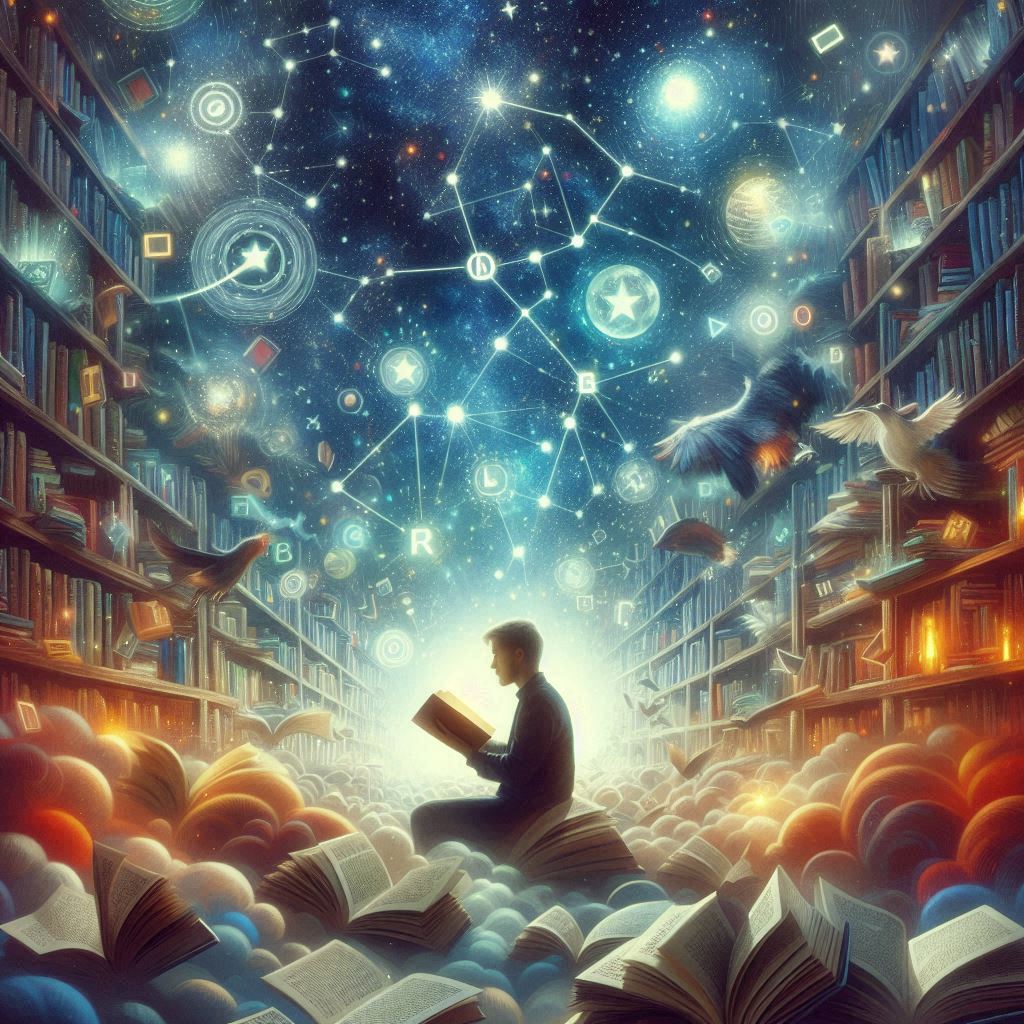 A young man sits curled up in a cozy armchair, captivated by a book in her lap. A swirling galaxy of colorful words and book covers fills the background, representing the vast universe of stories waiting to be explored.