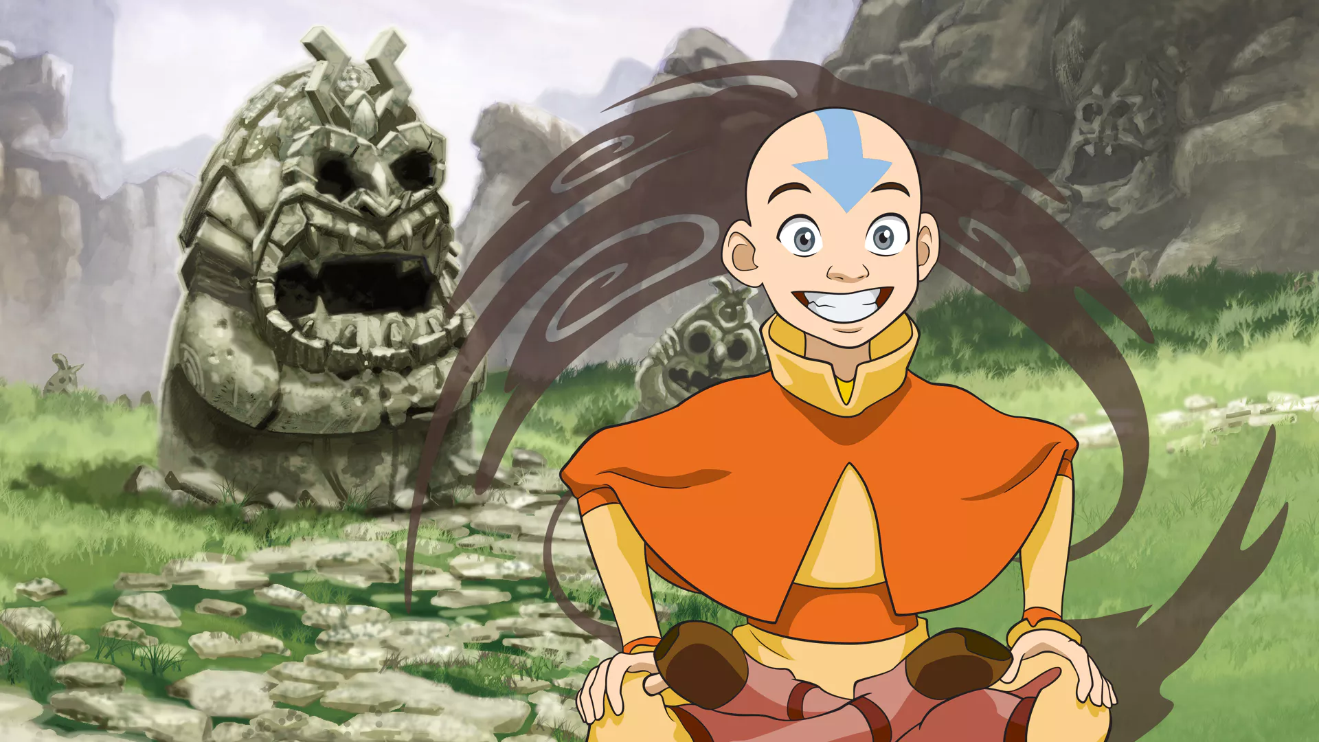 Aang, a young bald boy with blue tattoos and airbending clothes of orange and blue, sits meditatively on the head of a giant stone statue. The statue depicts a figure with a stern expression, adorned with elaborate headwear.