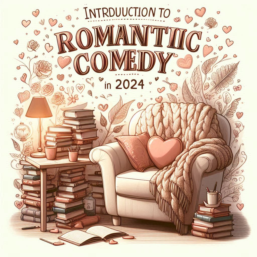 A cozy reading scene featuring a plush armchair draped with a soft blanket, accompanied by a stack of romantic comedy books. Heart-shaped confetti and whimsical doodles scatter around the books, adding a touch of romance and humor. The warm ambiance is enhanced by soft lighting and warm tones, while joyful illustrations of people reading and laughing together convey the delightful essence of romantic comedy. Author names and book titles mentioned in the article are integrated into the image, inviting readers to explore the enchanting world of rom coms