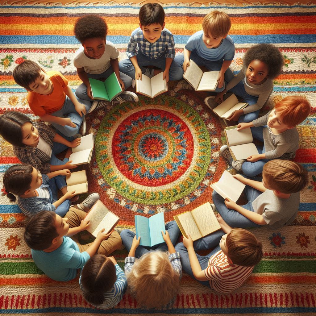 a diverse group of children (4-5, different ages and ethnicities) sitting in a circle on a brightly colored, patterned rug.